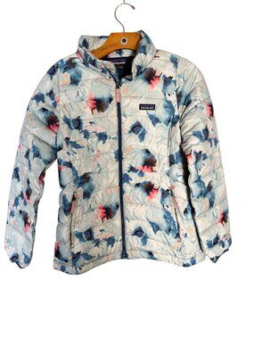 Patagonia Girls Down Puffer Jacket Watercolor Floral Print Blue XL